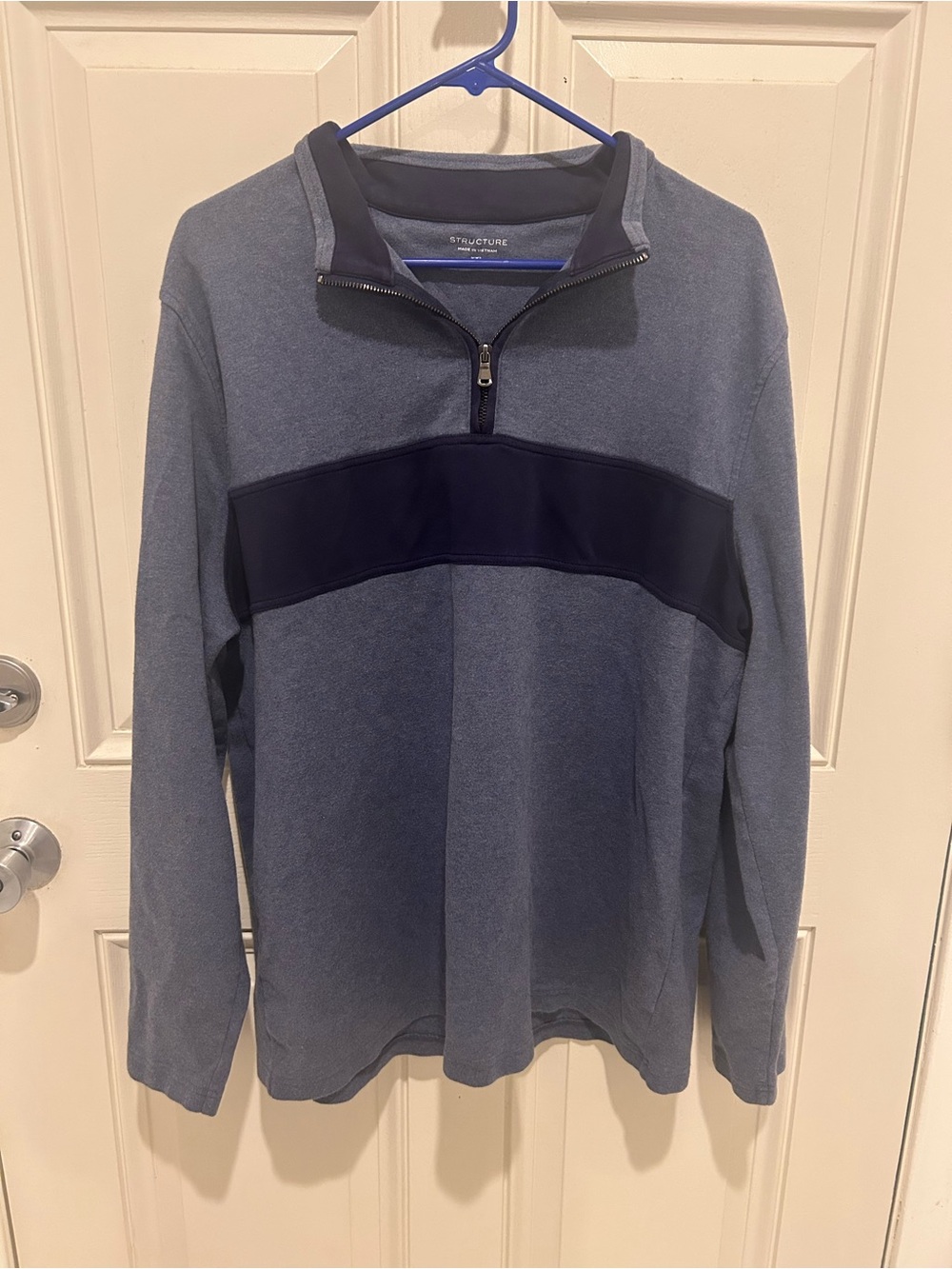 Structure Men's Blue Quarter-Zip Pullover with Navy Chest Panel